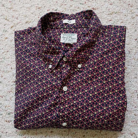 J Crew Secret Wash Button Down Shirt Men L Multicolor Floral Organic Cotton Slim - Picture 1 of 8